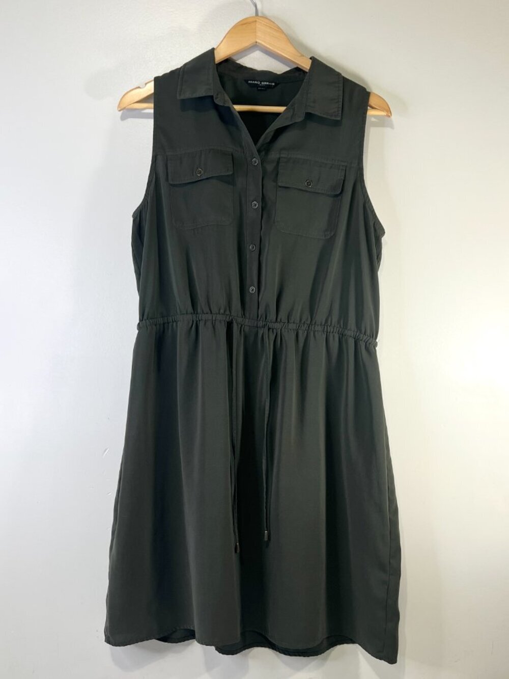 Mario Serrani Midi Dress Size Large Khaki Olive Green Sleeveless Summer Dress